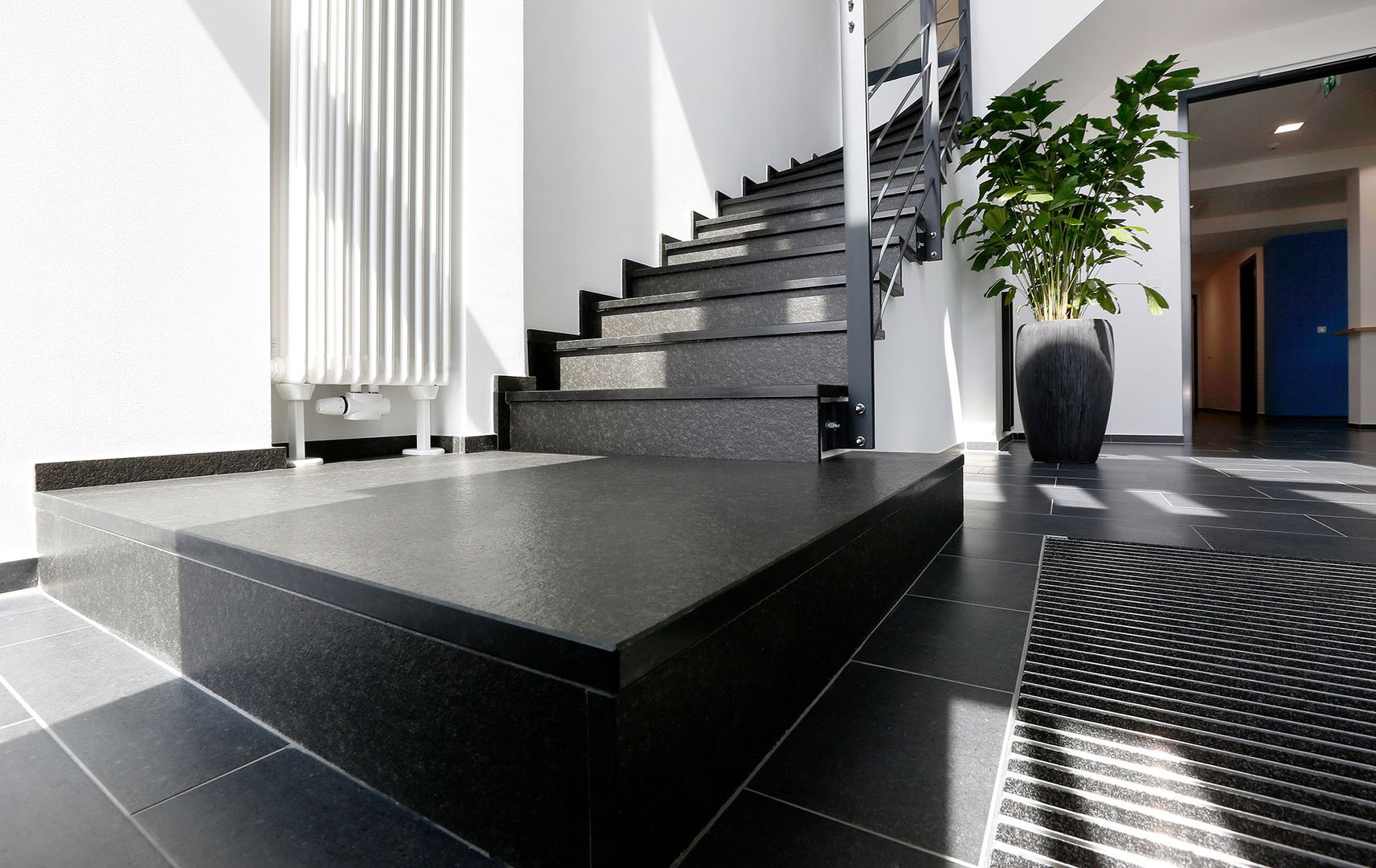 Ansicht eines Vorraumes mit schwarzen Bodenfliesen und passend gefliester Treppe, weißen Wänden und hoher, dunkler Vase mit einer großblättrigen Pflanze